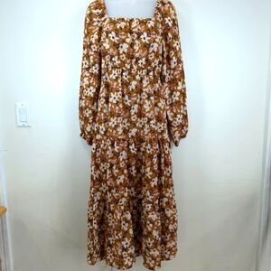 Hayden smocked square neck puff long sleeve floral dress with pockets, size S